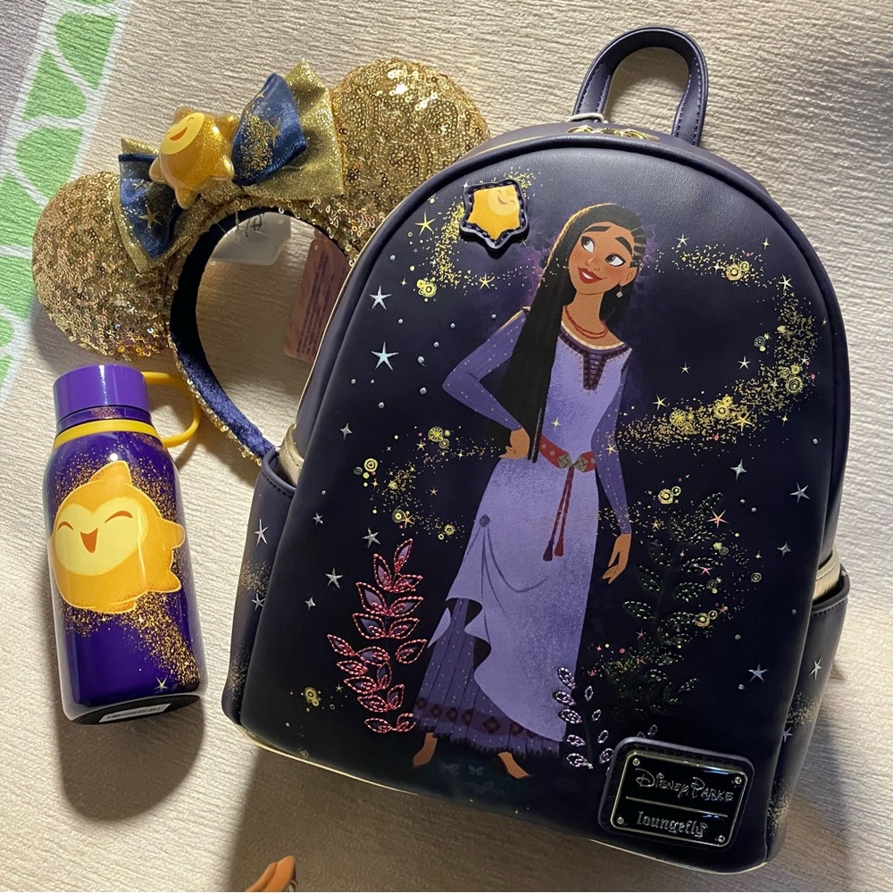Loungefly Asha Wish Backpack, Star Ears and Water bottle